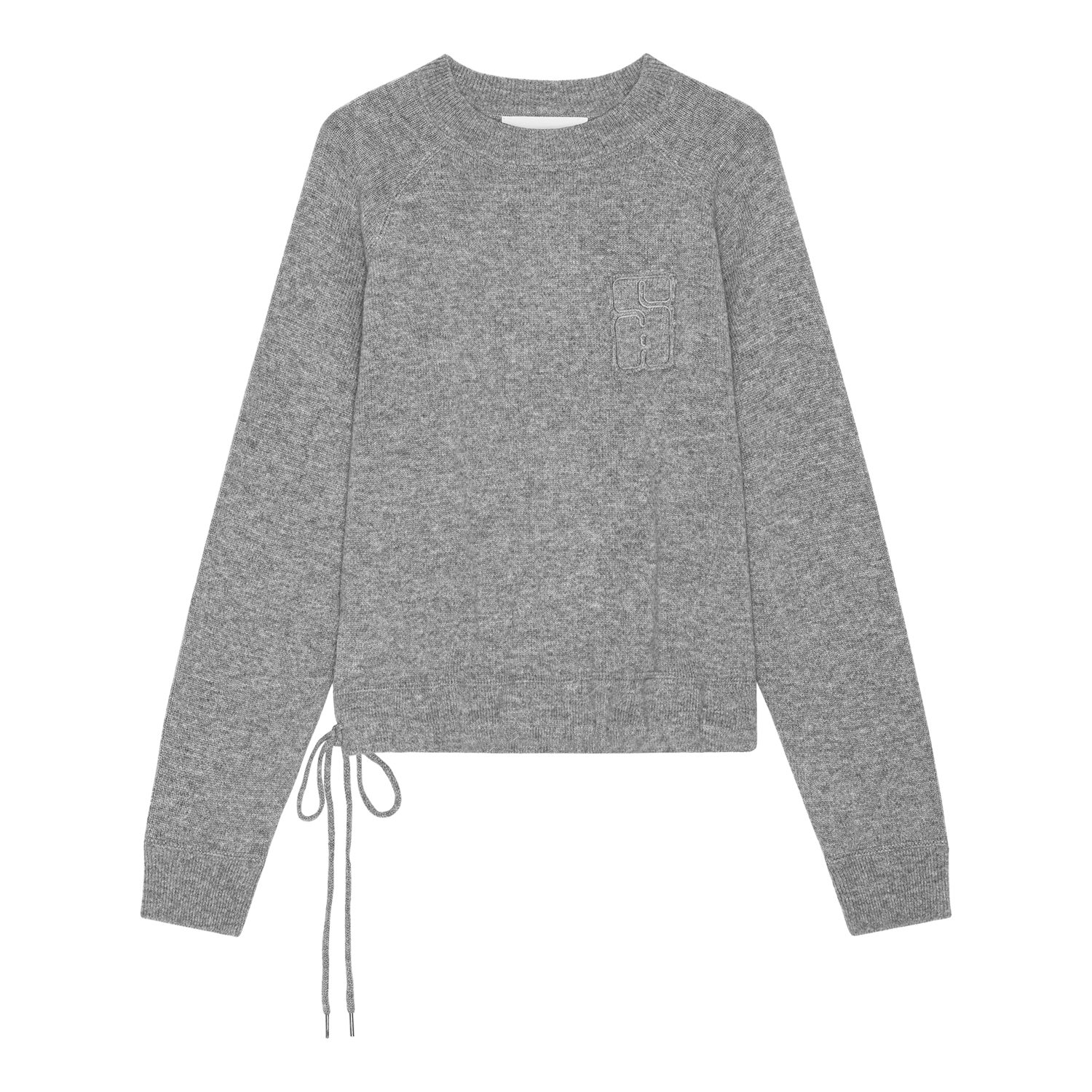 SA Wool Sweater i meleret grå med lange ærmer, rund hals og snøre i siden