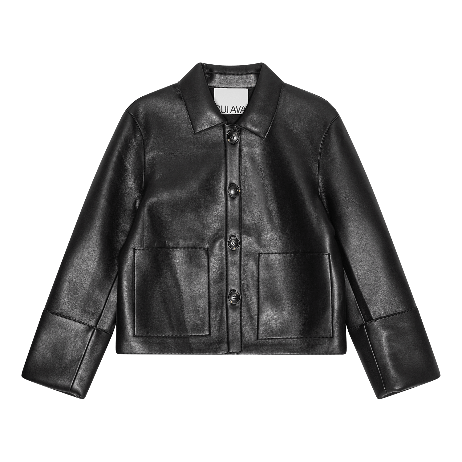 Sort boxy læderjakke i vegansk materiale med klassisk krave og store lommer