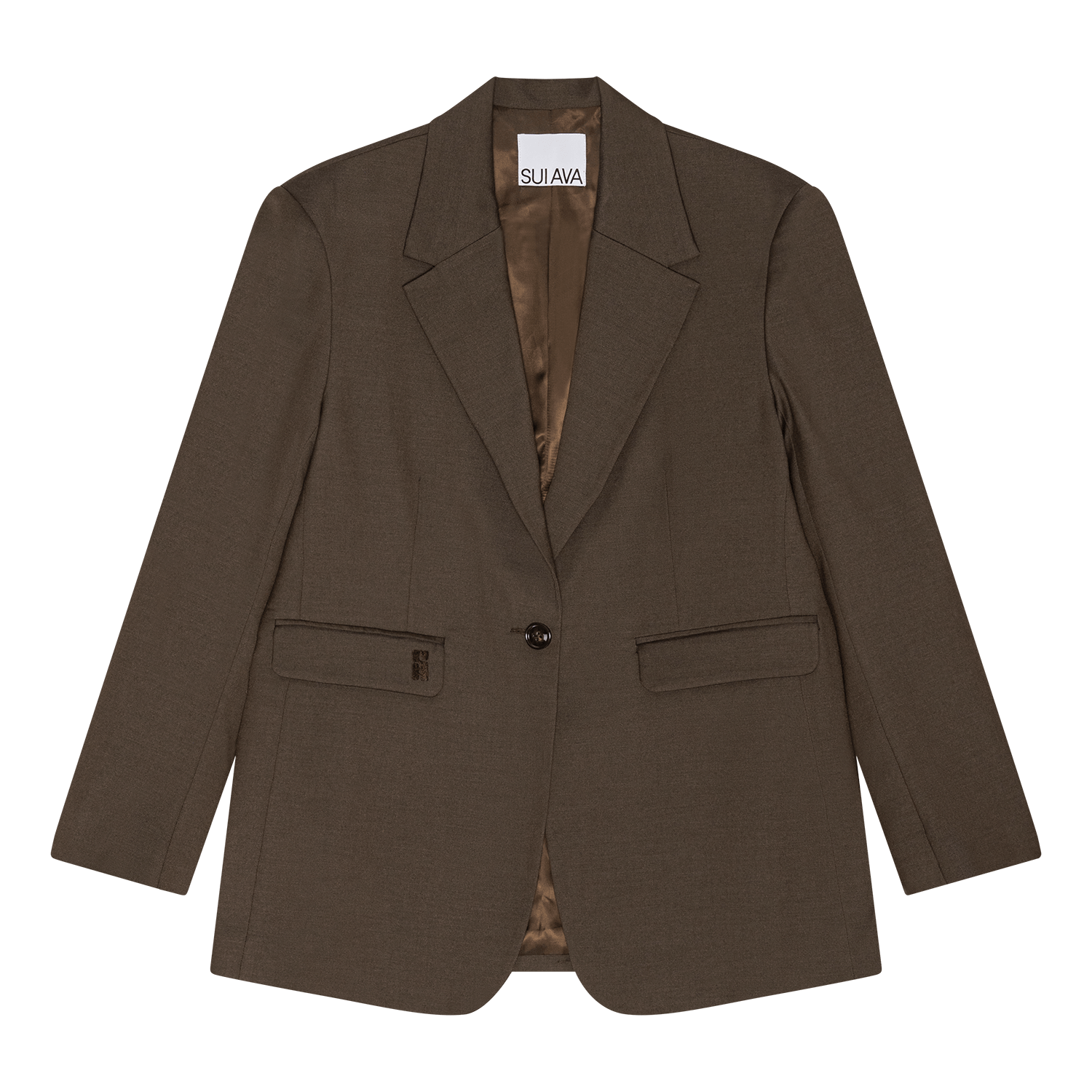 Oversized brun blazer med klassisk revers, frontlommer og knaplukning