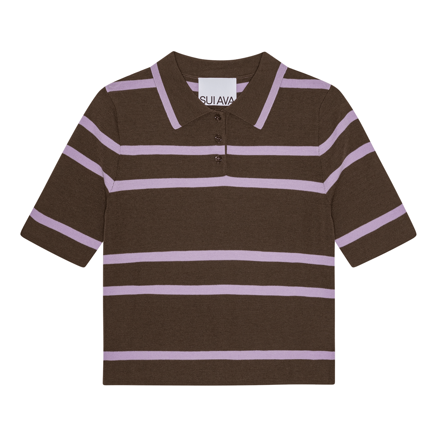 Kortærmet strikpolo i brun merinould med lilla striber og klassisk polokrave.