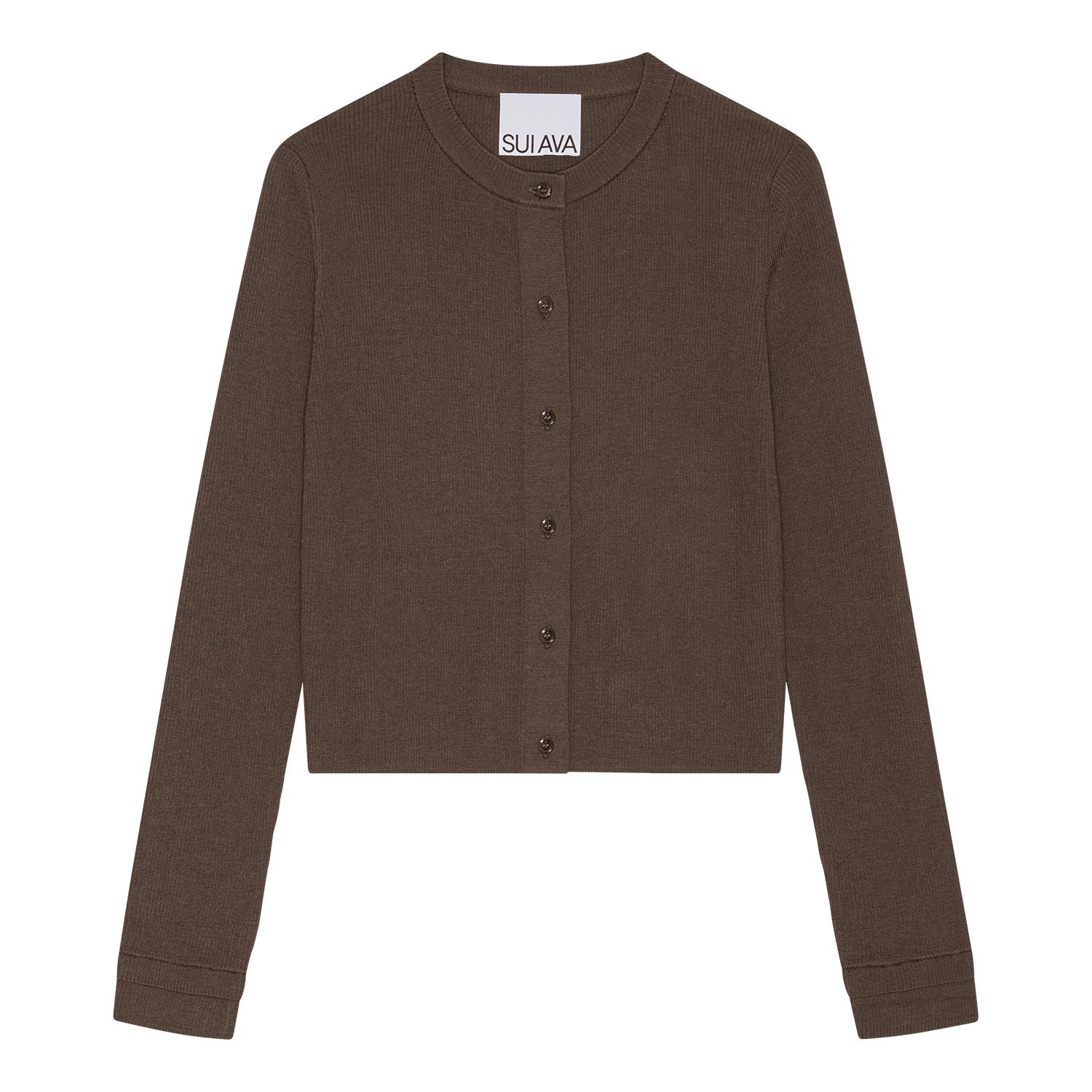 Ribstrikket brun merino cardigan fra SUI AVA med lange ærmer og knaplukning - minimalistisk og blød i udtrykket.