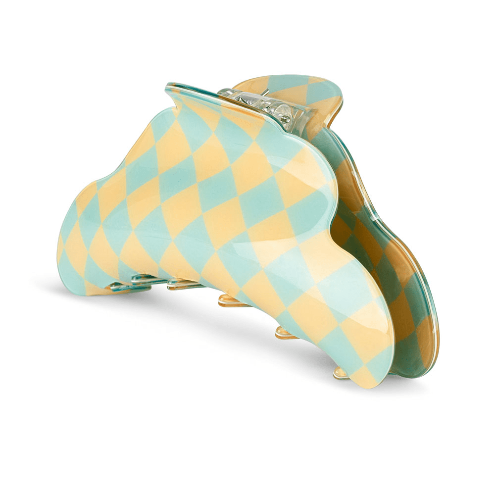 Ekstra stor hårklemme med blå og gule tern – Lene Check Up Biggest