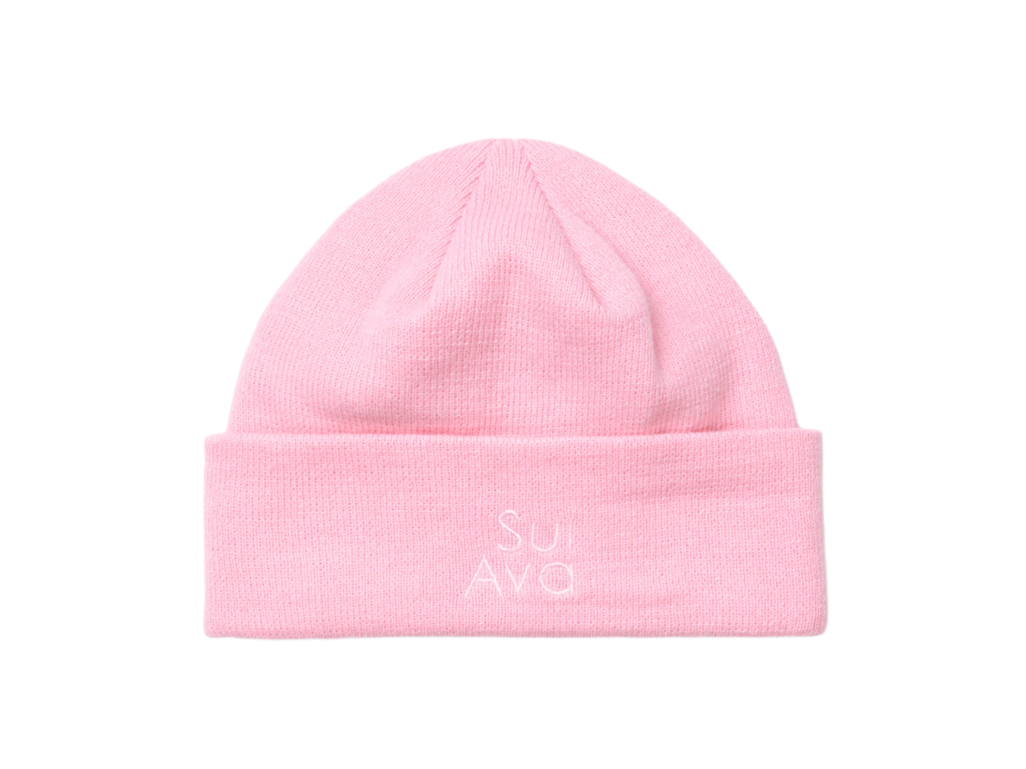 Lyserød Mariah Beanie med ribstrik og broderet SUI AVA-logo