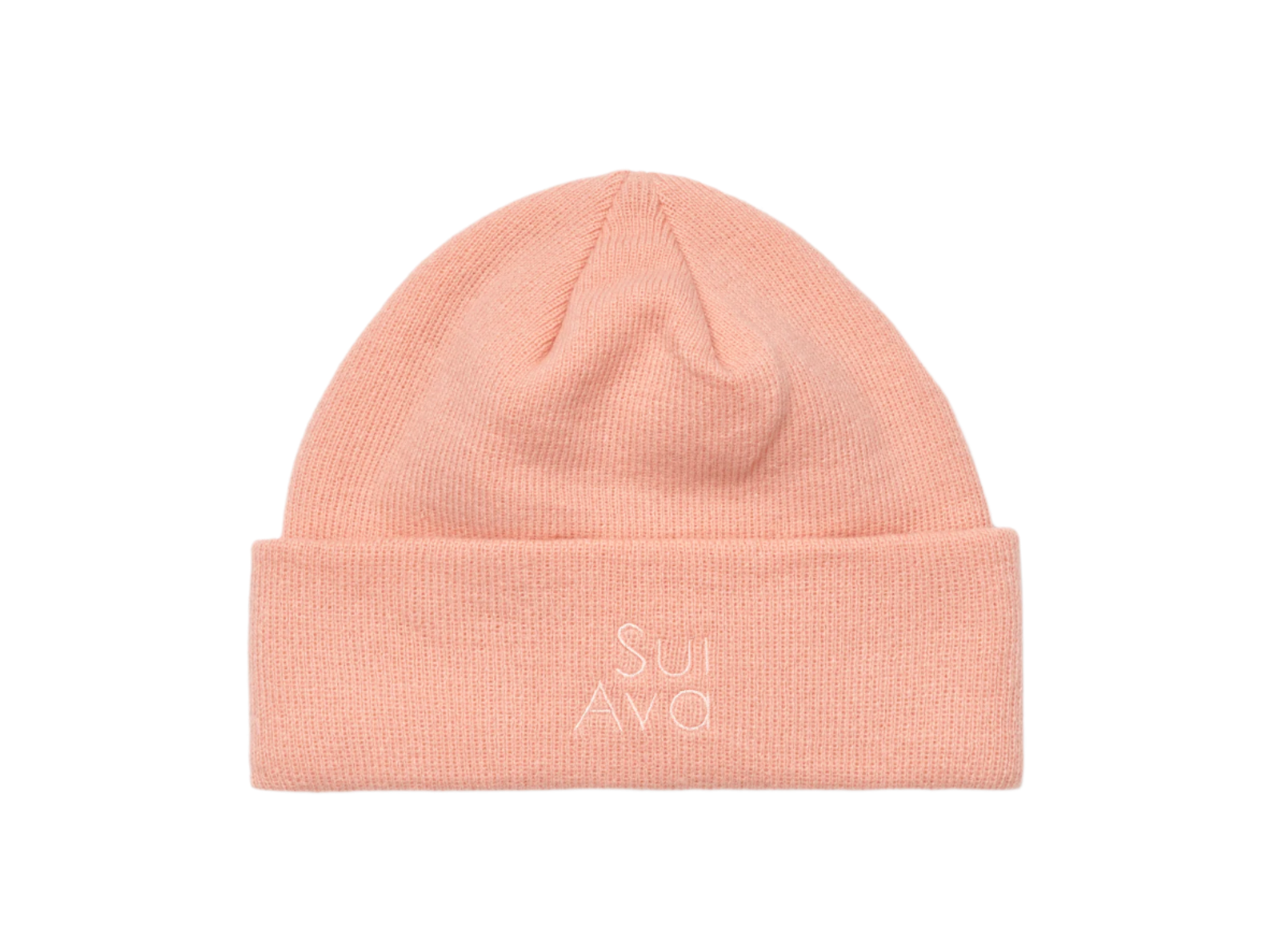 Lyserød ribstrikket beanie med hvidt broderet SUI AVA logo på opsmøget kant