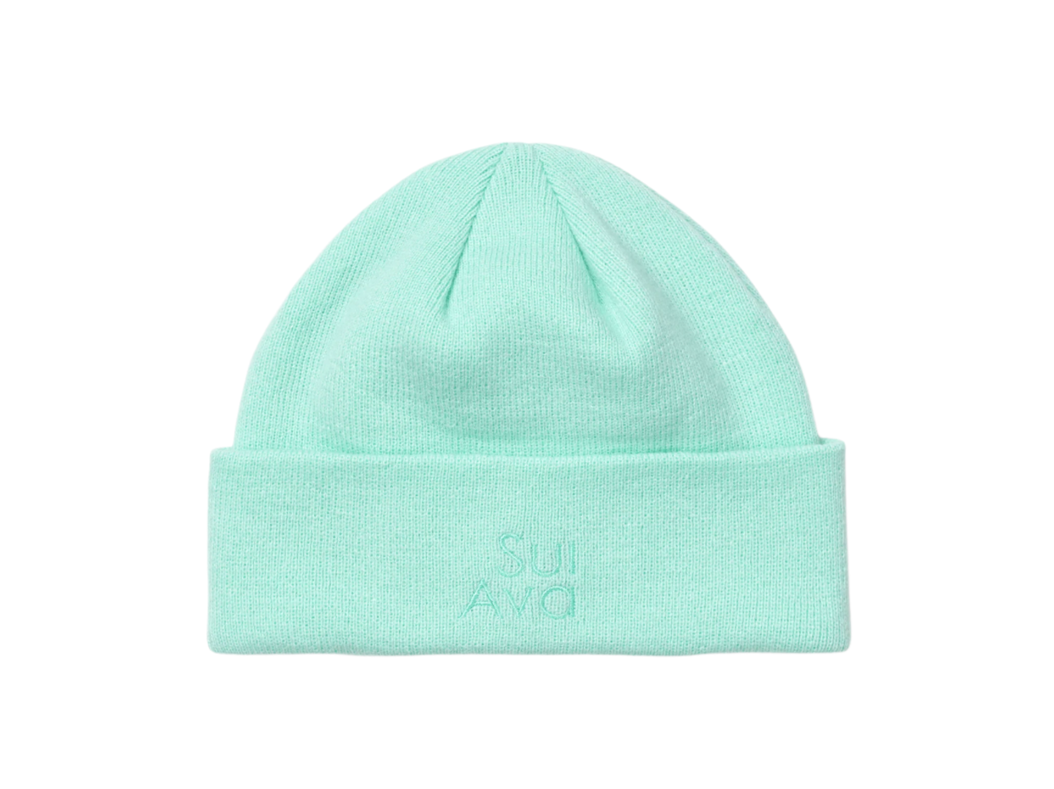 Mintgrøn ribstrikket hue med opfoldet kant og broderet SUI AVA-logo