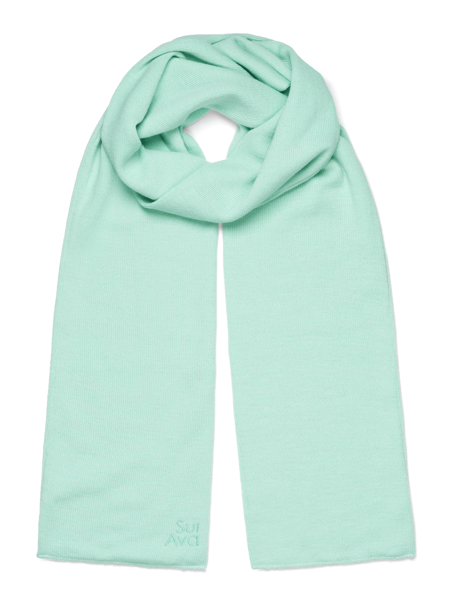 Mariah Scarf i mintgrøn blød strik med SUI AVA-logo – stilfuldt og hyggeligt tørklæde