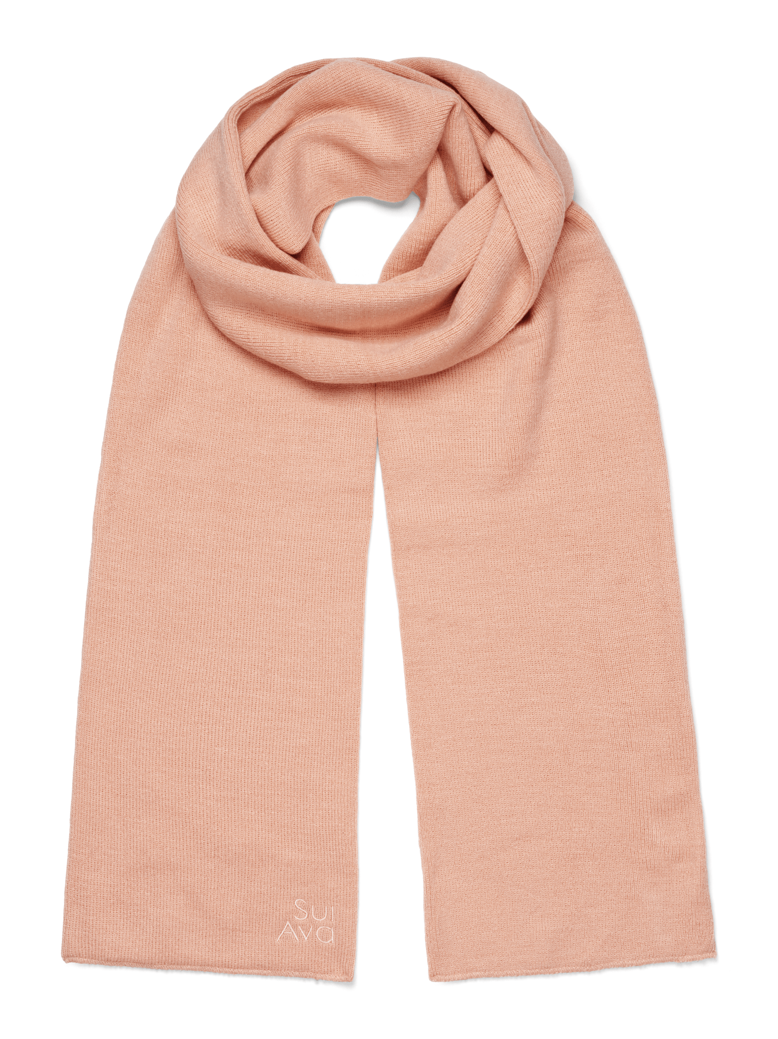 Mariah Scarf i ferskenfarvet strik med broderet SUI AVA-logo