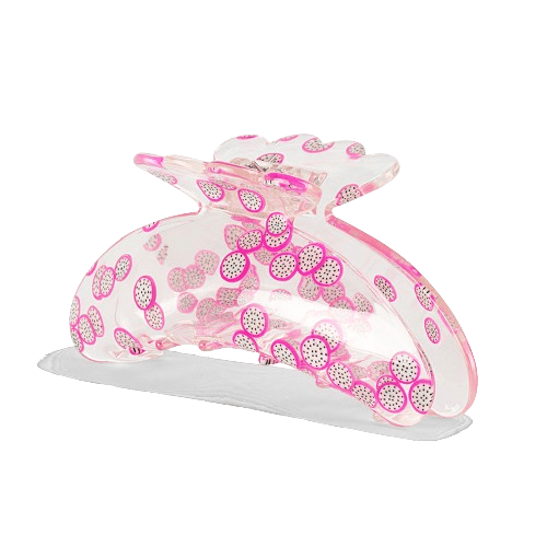 Stor gennemsigtig hårklemme med lyserøde frugtmotiver – Helle Fruit Big fra SUI AVA