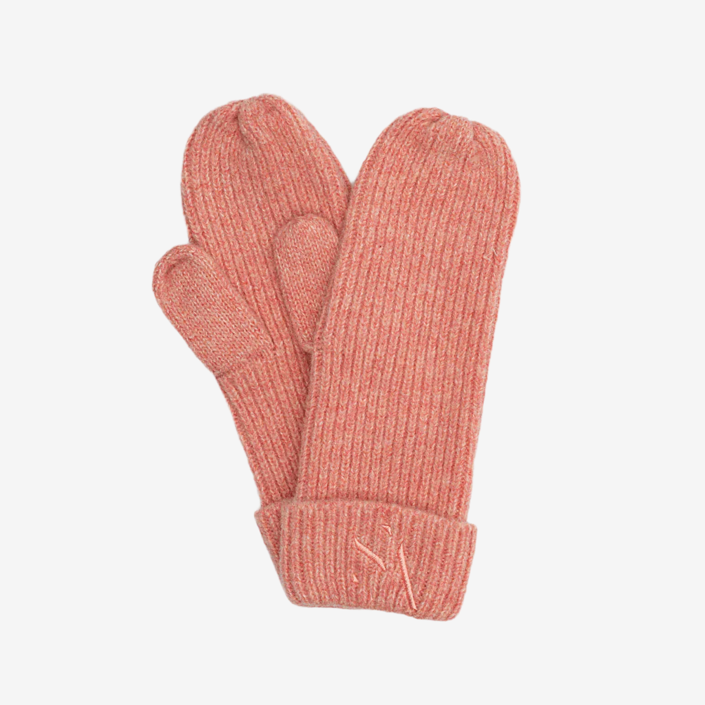 Signe Mittens – pink strikvanter med rib og broderet logo