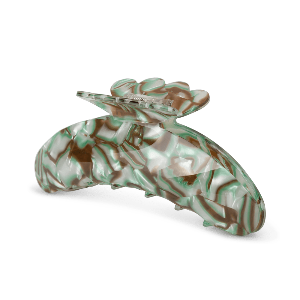 Helle Crossed Biggest – Stor hårklemme i brun og grøn marmor-effekt