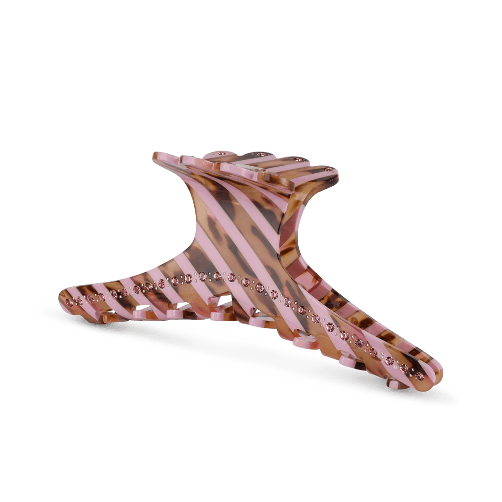 Stor hårklemme med pink og brune tigerstriber og rosa krystalsten – Helen Stripe Clip Biggest