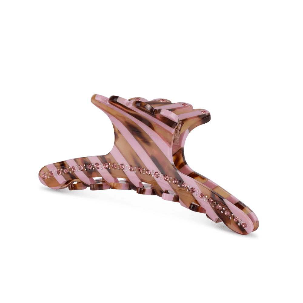 Helen Stripe Clip Big – stor hårklemme i lyserød og brun med pink rhinsten.