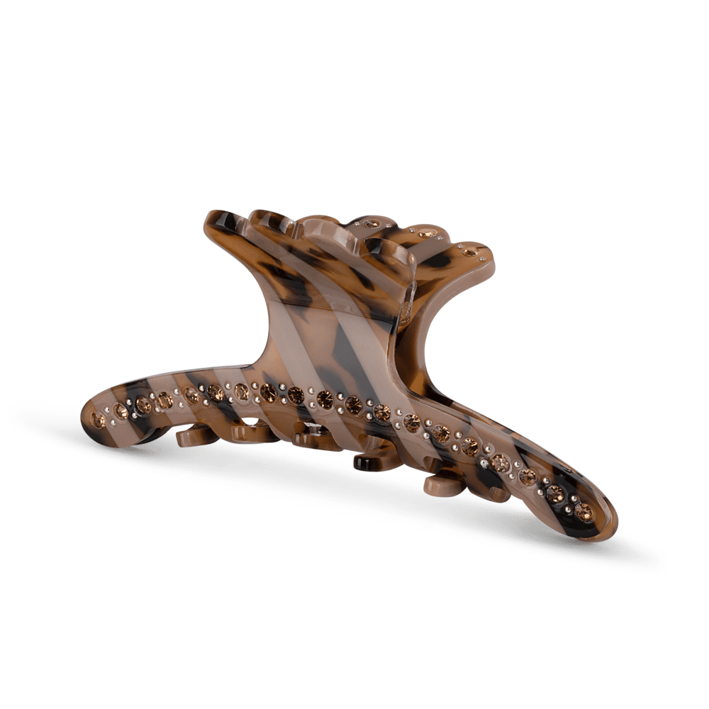 Stor brunstribet hårklemme med glitrende rhinsten og tiger-inspireret mønster fra SUI AVA.