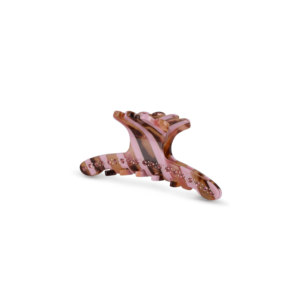 Helen Stripe Clip Mini hårklemme med rosa og brunligt stribet mønster og rhinsten.