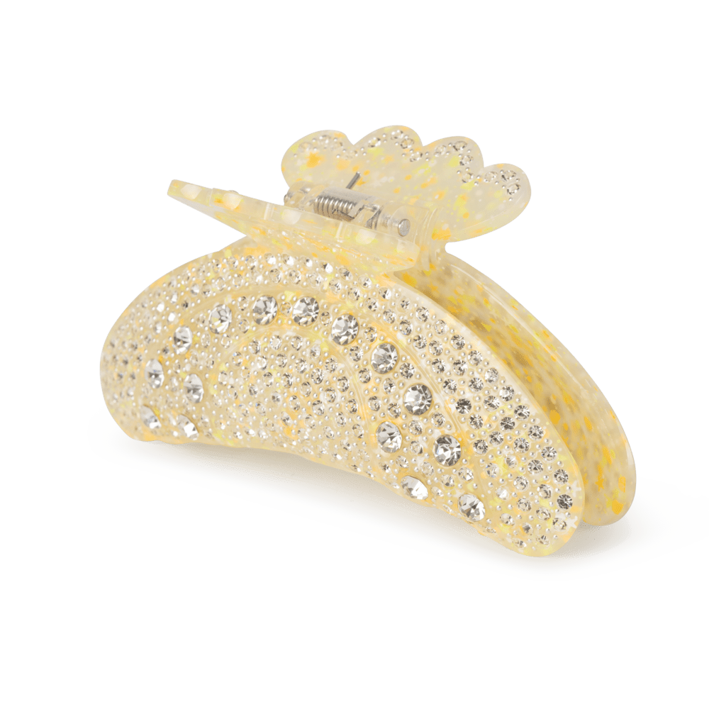 Helen Pony Claw i gul akryl med prikker og rhinsten – mellemstor hårklemme fra SUI AVA