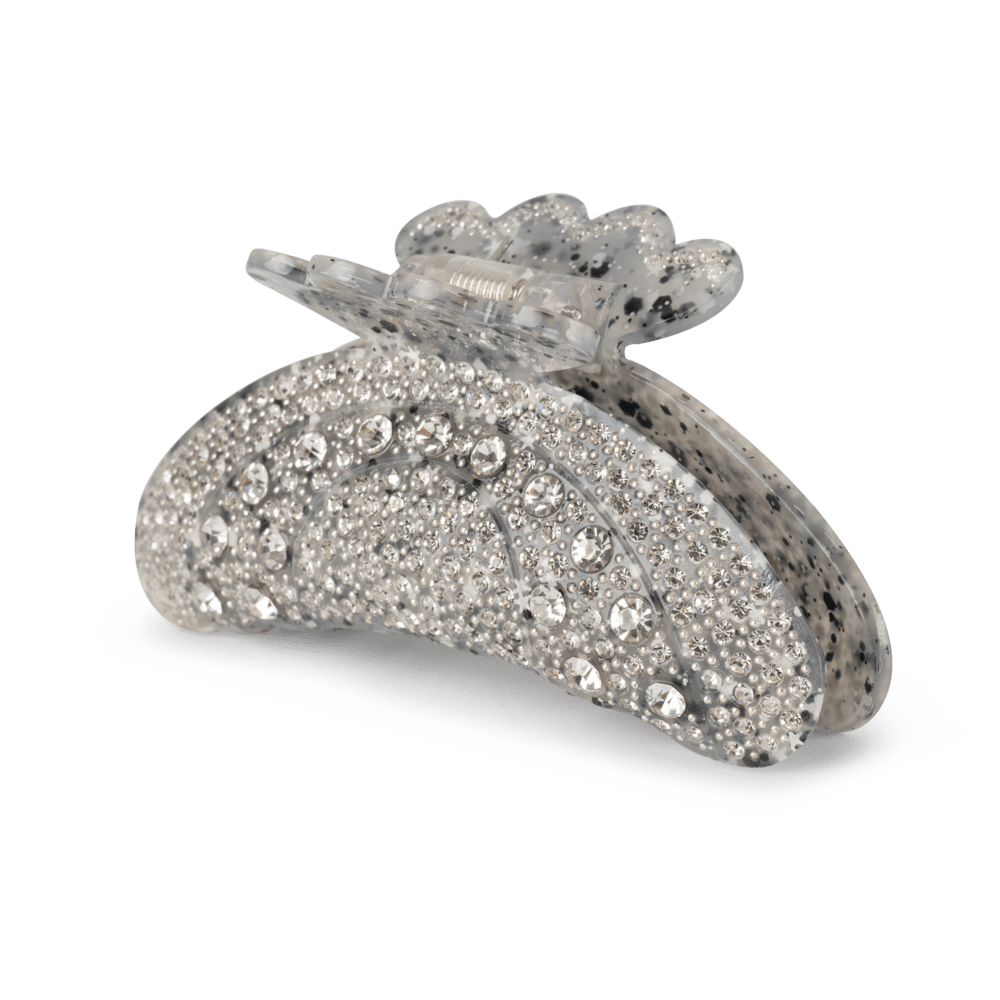 Helen Pony Claw i klar akryl med sorte prikker og rhinsten – mellemstor hårklemme fra SUI AVA