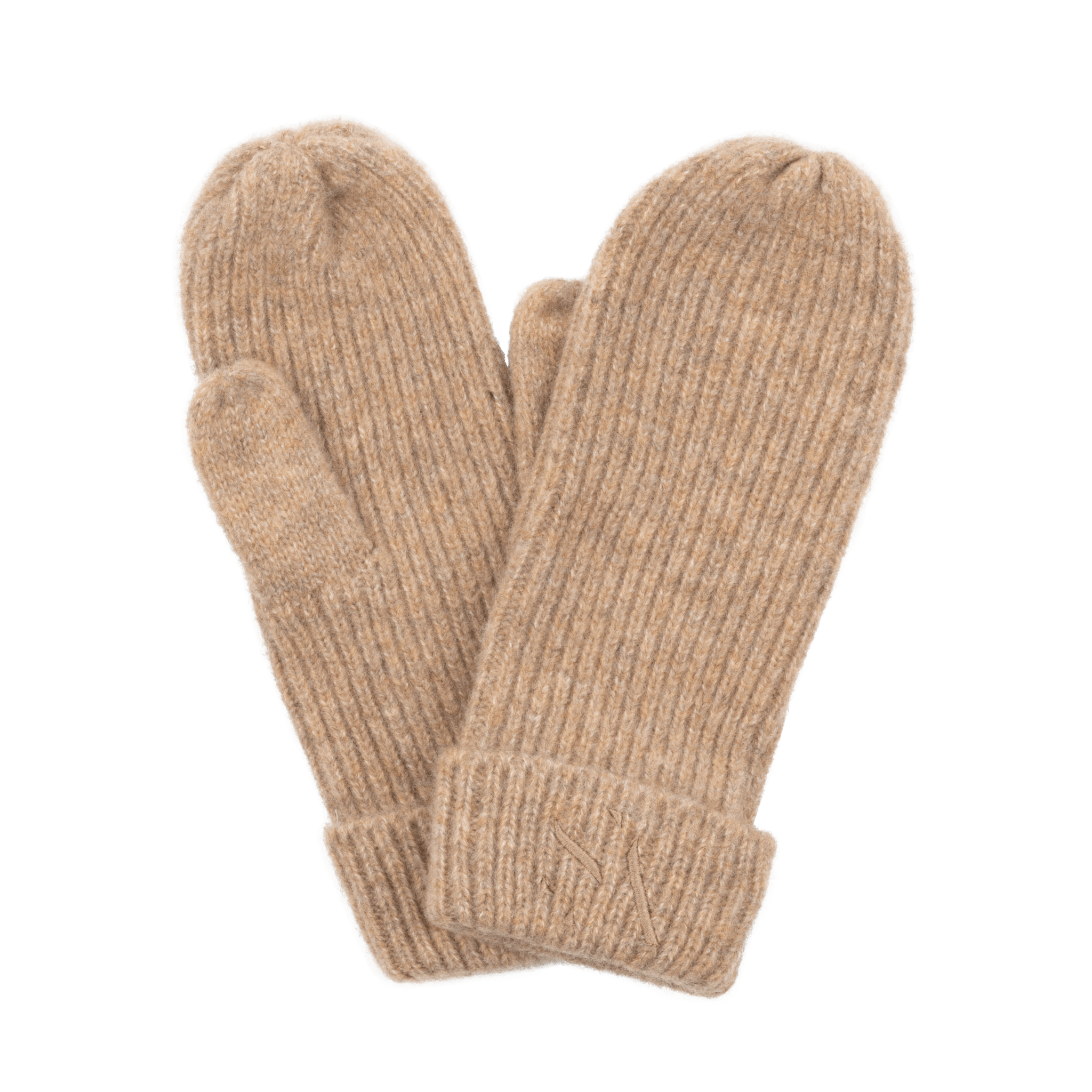 Signe Mittens – camelfarvede vanter i blød strik med rib og logo
