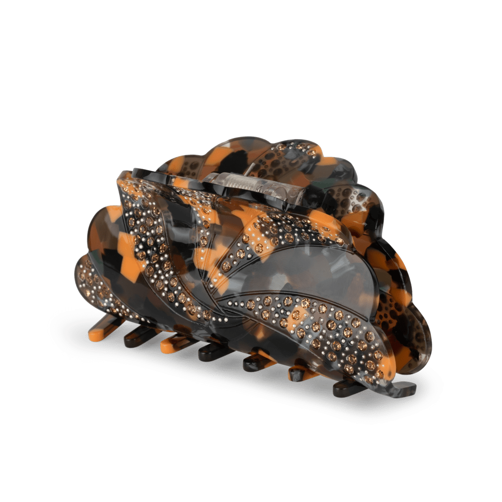 Mørk tortoise hårklemme med gyldne sten og elegant form – Maybritt Wild Big