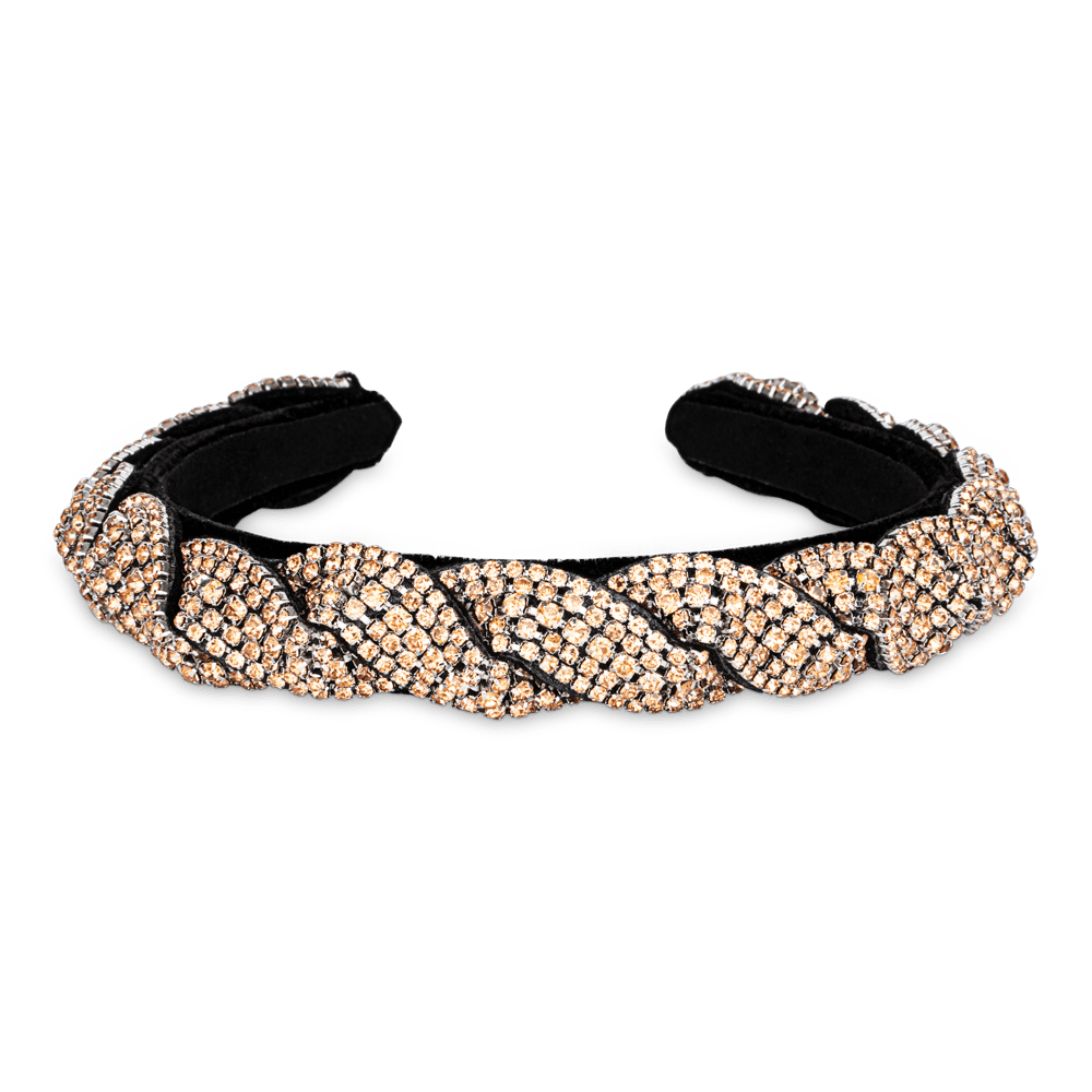 Sarah Crystal Headband – sort flettet hårbøjle med guld- og sølvfarvede krystaller