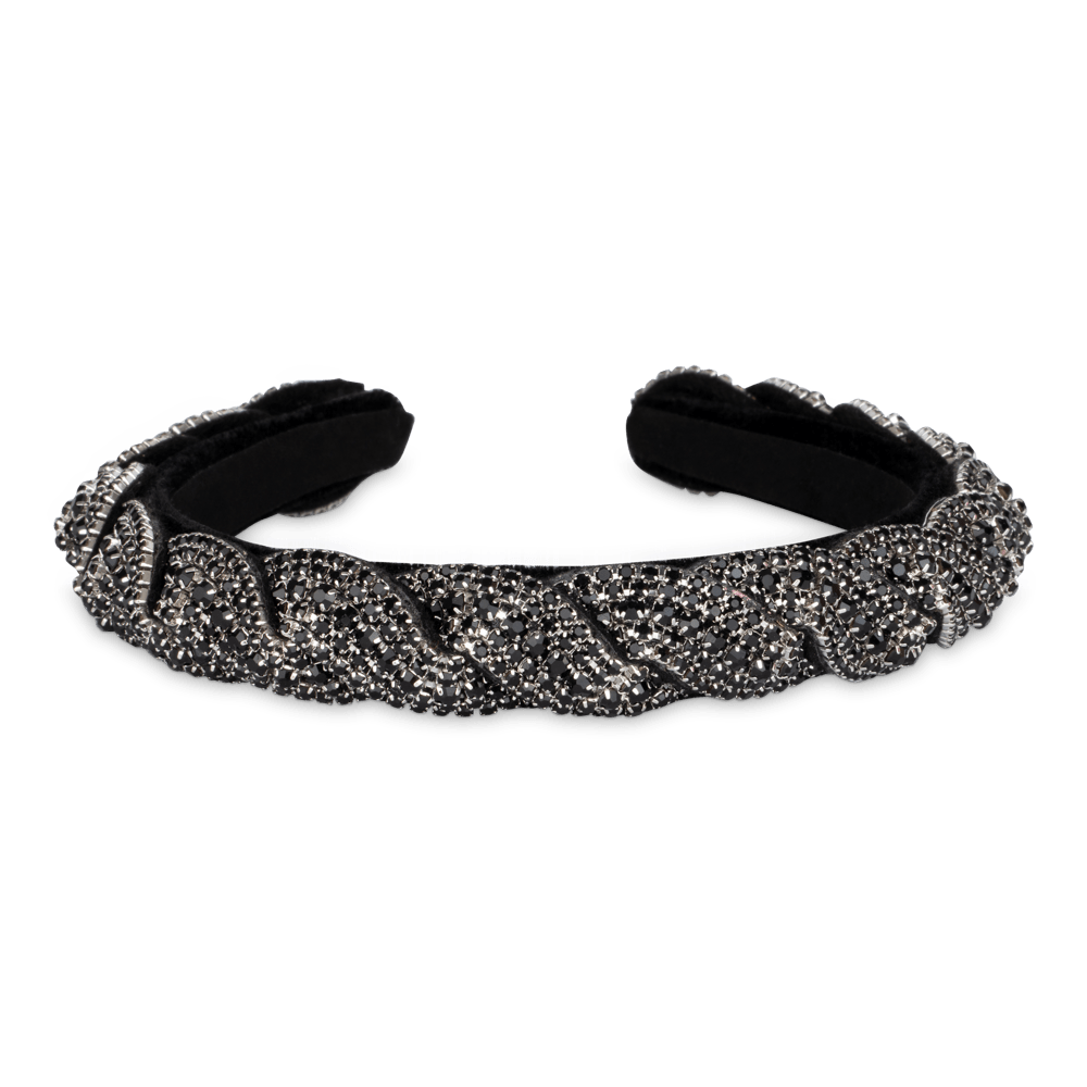 Sarah Crystal Headband fra SUI AVA – sort hårbøjle med sølv- og sortglitrende krystaller