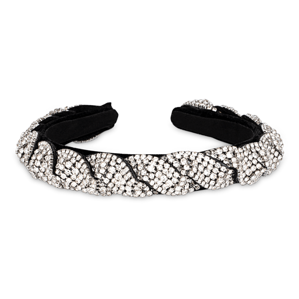 Sort hårbøjle med flettet design og glitrende krystaller – SUI AVA Sarah Crystal Headband.