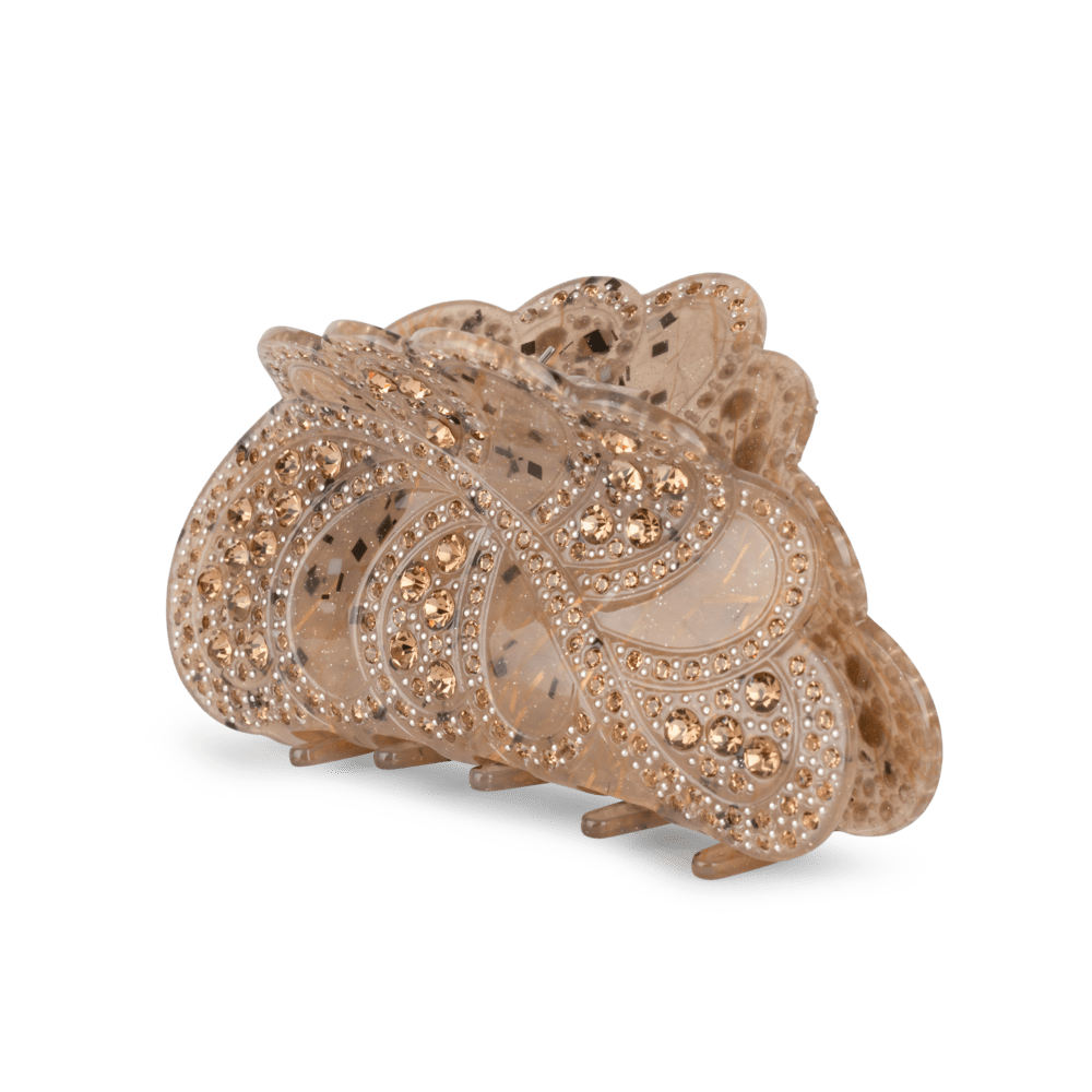 Erika Festive Big hårklemme med rhinsten og elegant mønster – beige og guldglitrende finish.