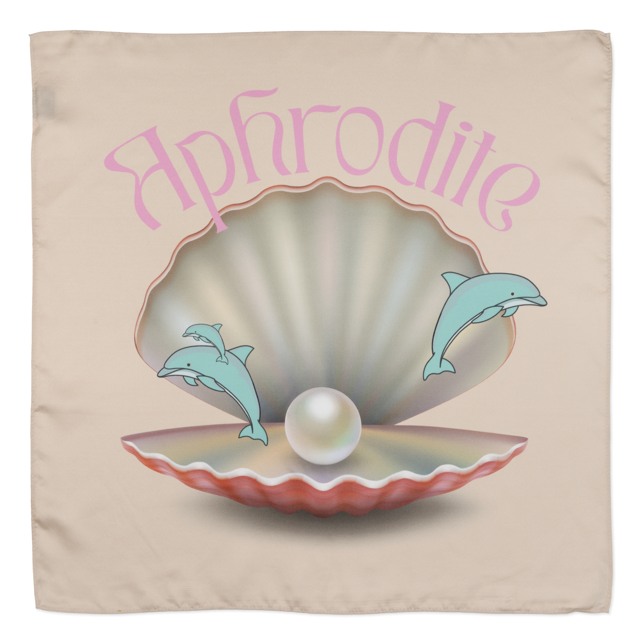 Ferskenfarvet silketørklæde med musling, perle og delfinprint samt pink "Aphrodite"-tekst fra SUI AVA