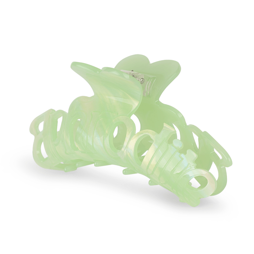 Stor transparent grøn hårklemme med udskåret “Aphrodite”-tekst – Aphrodite Transparency Big