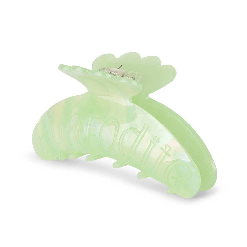 Helle Pearly Big hårklemme i perlemorsgrøn med "Aphrodite"-tekst – stor størrelse, ideel til tykt hår.