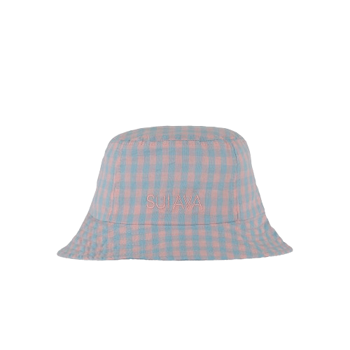 Summer Bucket Hat – ternet bøllehat i lyseblå og pink med broderet SUI AVA-logo.