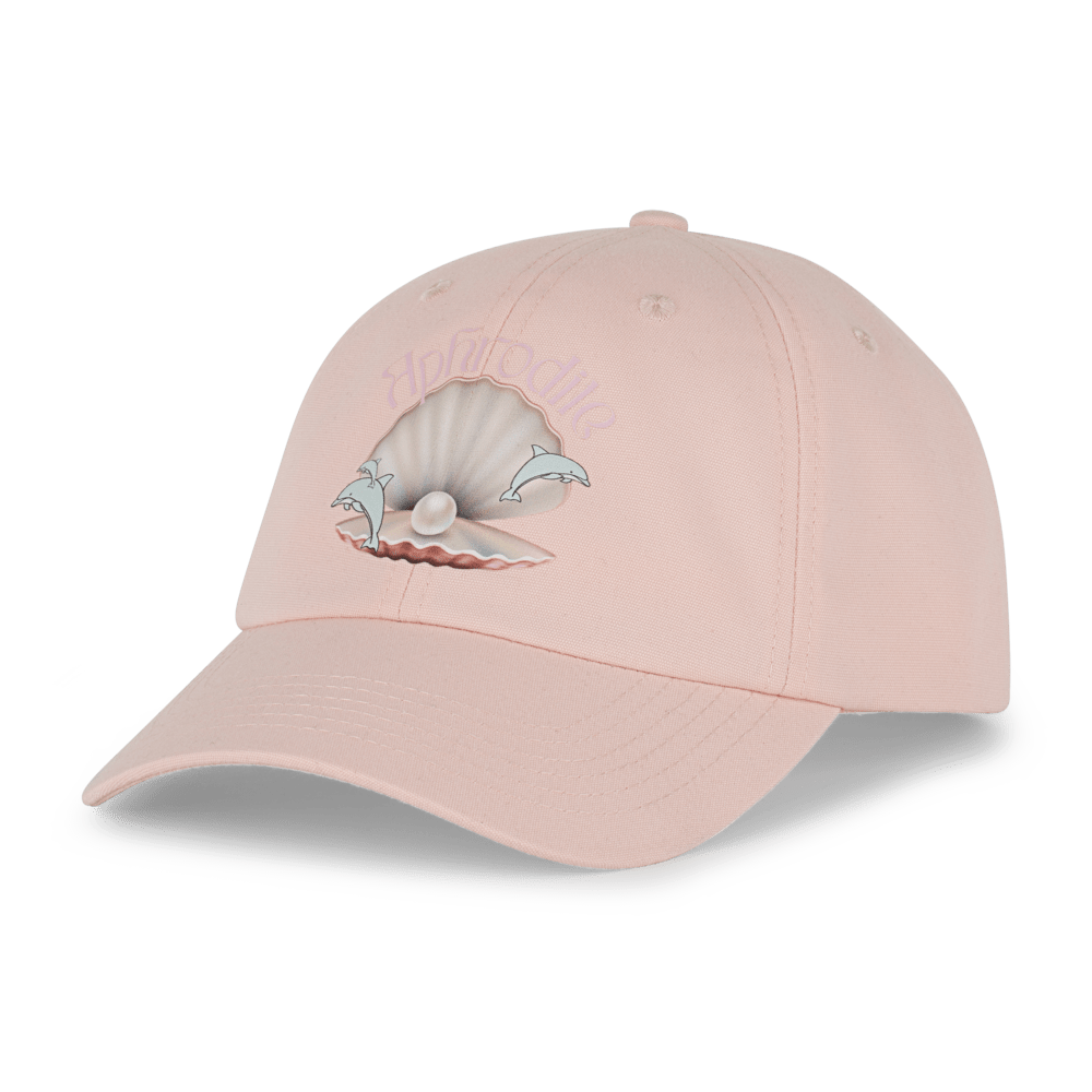 Lyserød kasket med motiv af østersskal og delfiner, Aphrodite Cap fra SUI AVA.