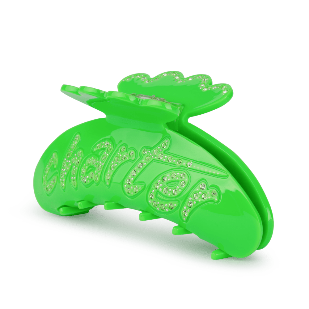 Helle Charter Big hårklemme i neon-grøn med glitrende rhinsten og teksten "charter"