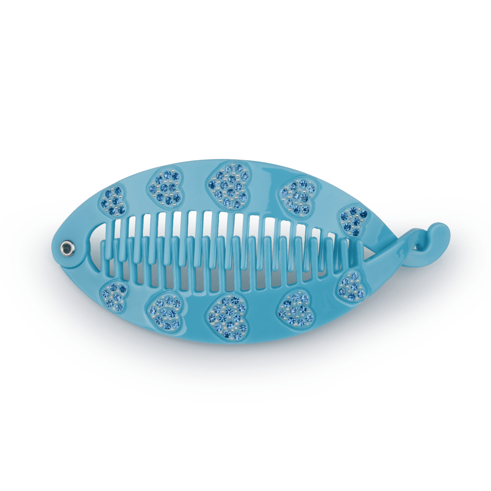 Lyseblå fiskeben-hårklemme dekoreret med glitrende blå hjerter – Sunny Vibes Fish Clip fra SUI AVA