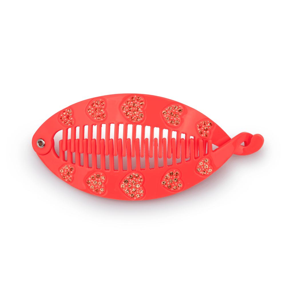 Rød fiskeben-hårklemme med glitrende hjerter – Sunny Vibes Fish Clip fra SUI AVA