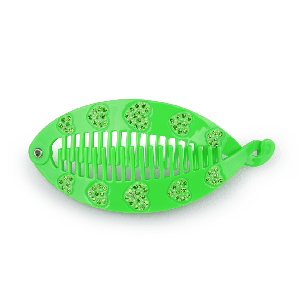 Grøn fiskeben-hårklemme med glitrende hjerter – Sunny Vibes Fish Clip fra SUI AVA