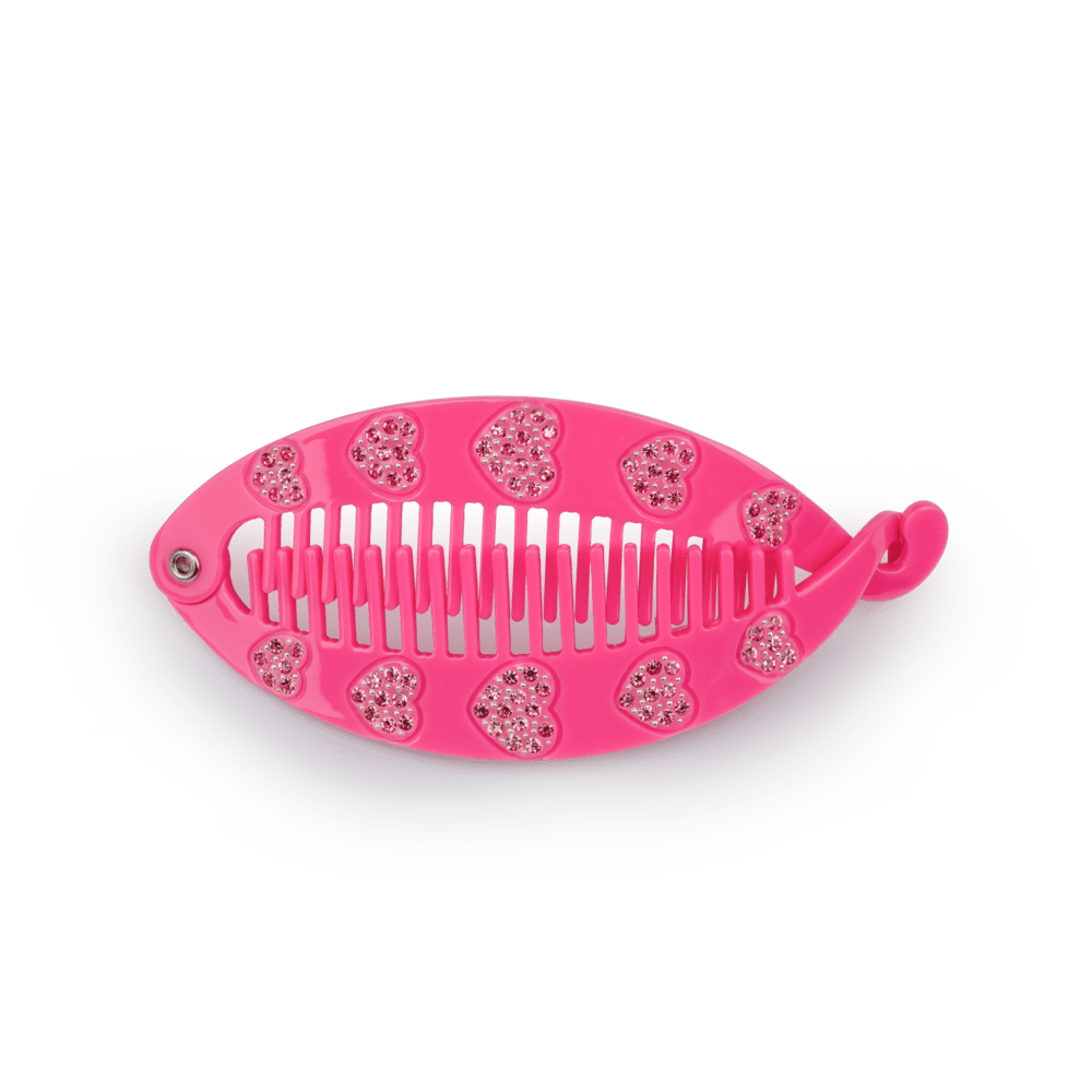 Pink fiskeben-hårklemme med glitrende hjerter – Sunny Vibes Fish Clip fra SUI AVA