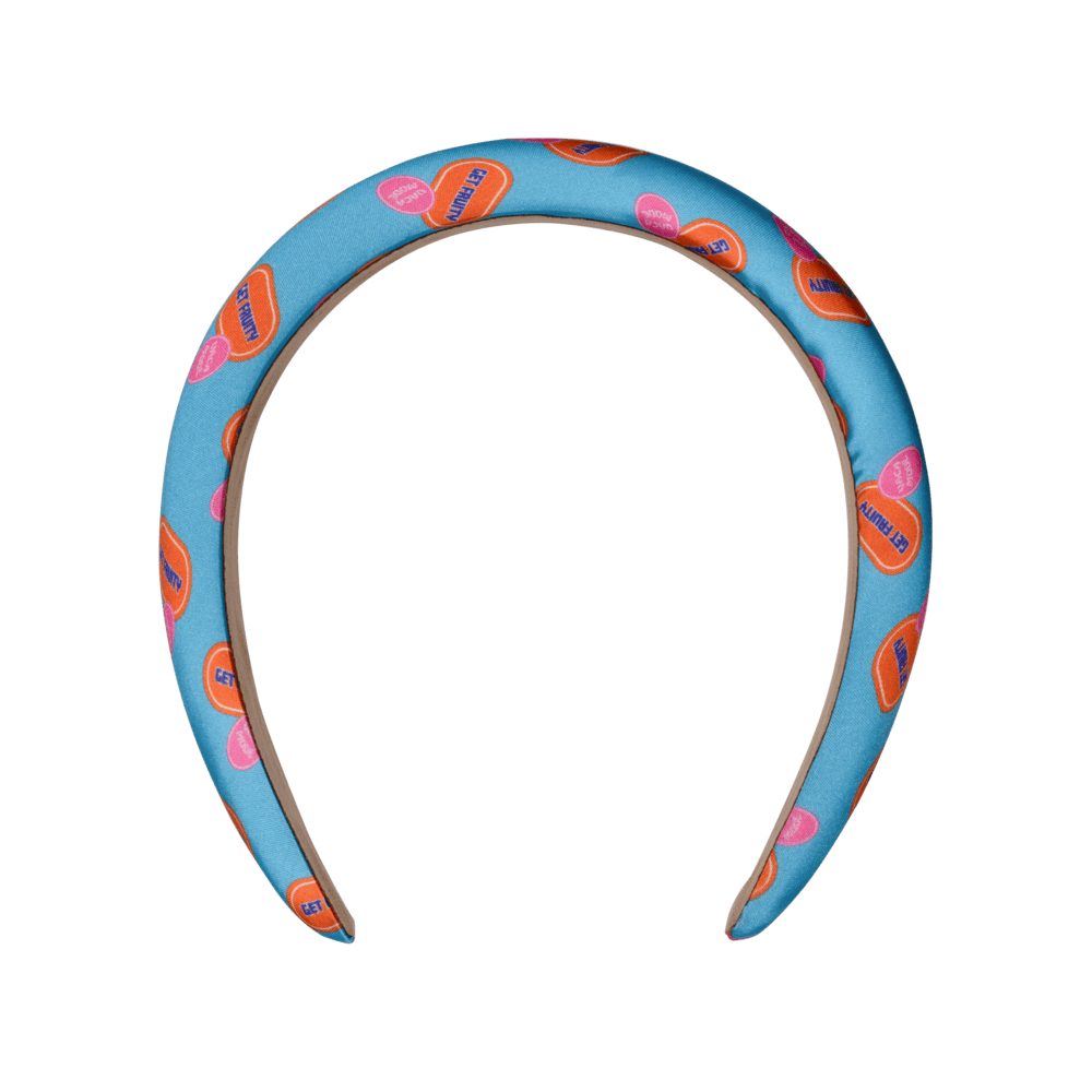 Charter Headband i lyseblå med farverige retro-print og tekst