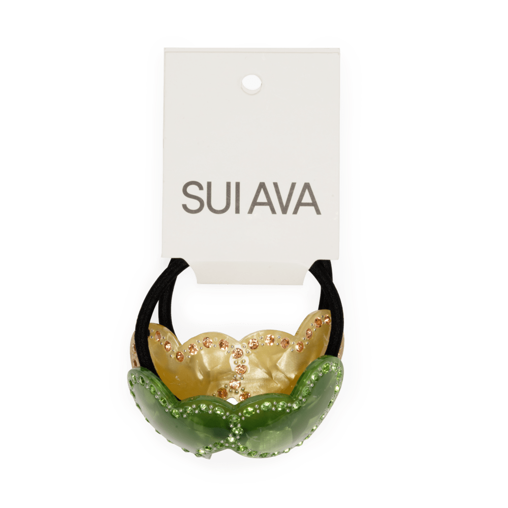 2-pack Summerlove hårelastikker fra SUI AVA med hjerteformede dekorationer i grøn og gylden med perler