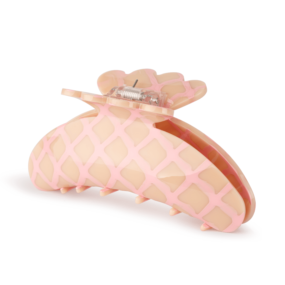 Stor hårklemme med lyserødt og nude ternet mønster.