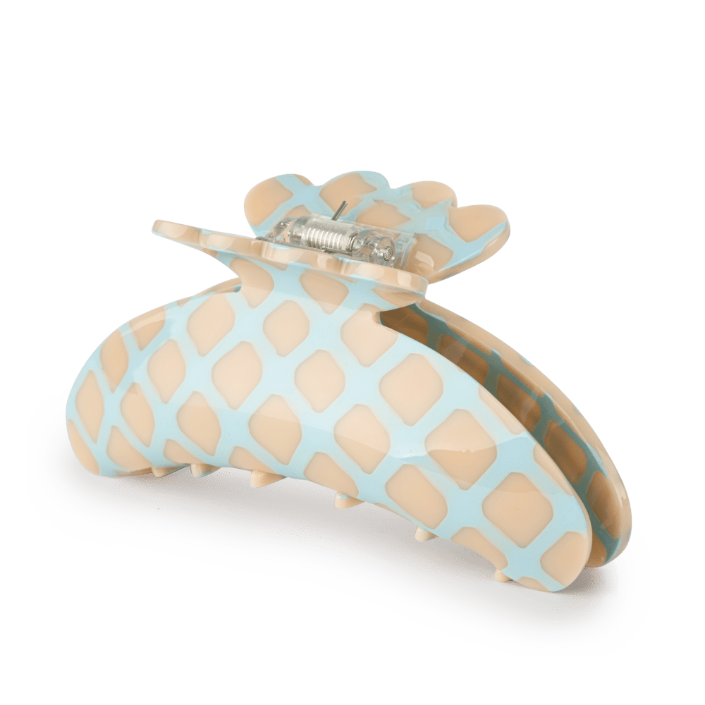 Stor hårklemme med brun og lyseblå grafisk mønster