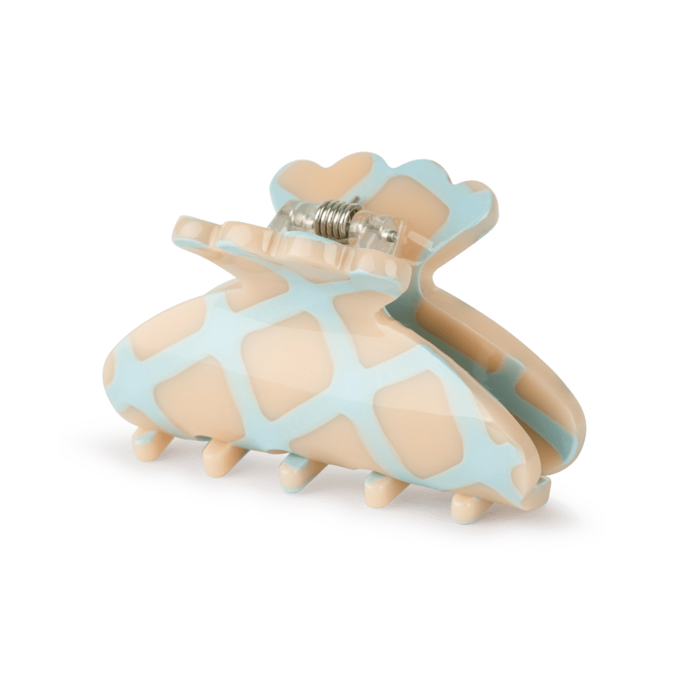 Helle Chocolate Mini hårklemme i beige med lyseblåt mønster.