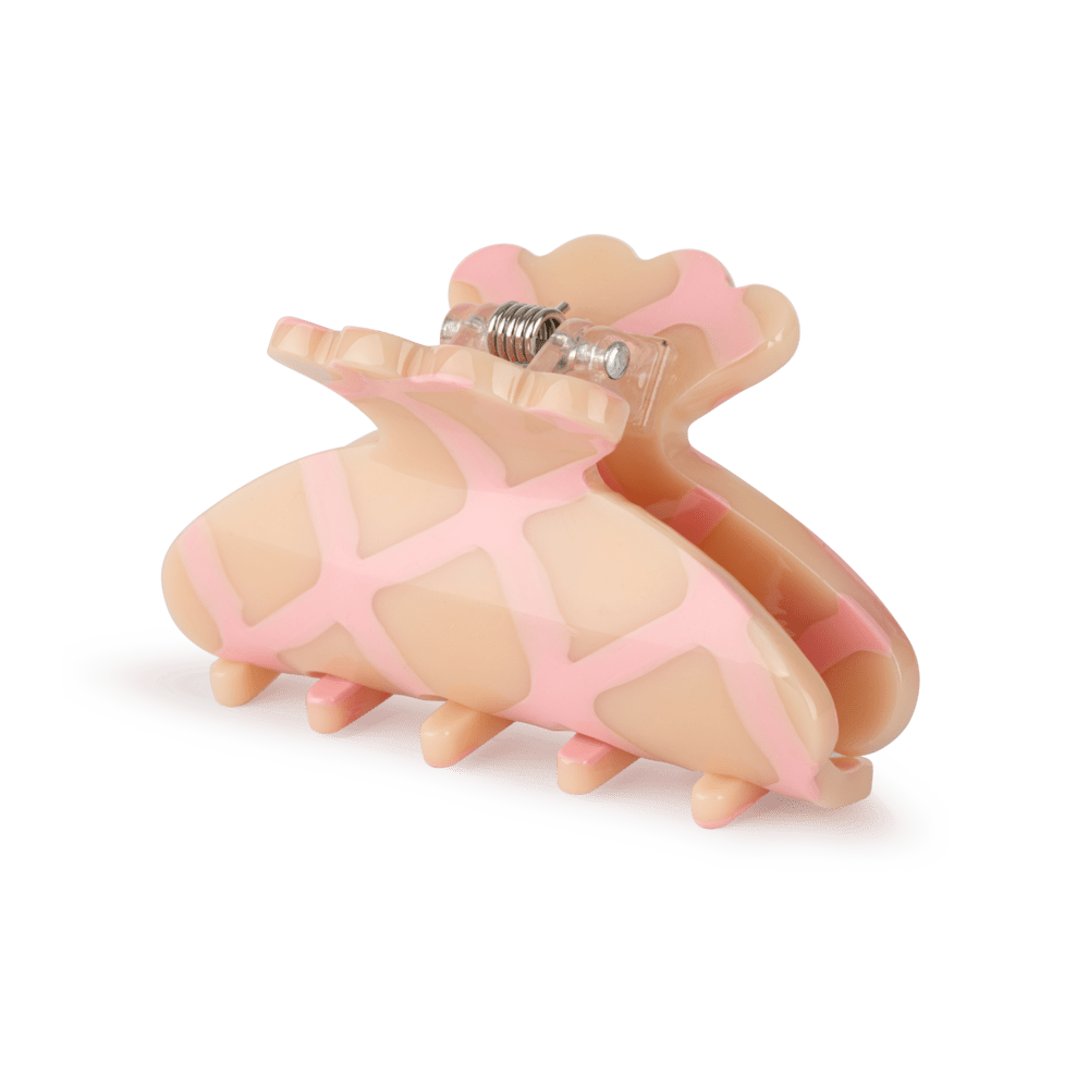 Helle Chocolate Mini hårklemme i beige med lyserødt grafisk mønster.