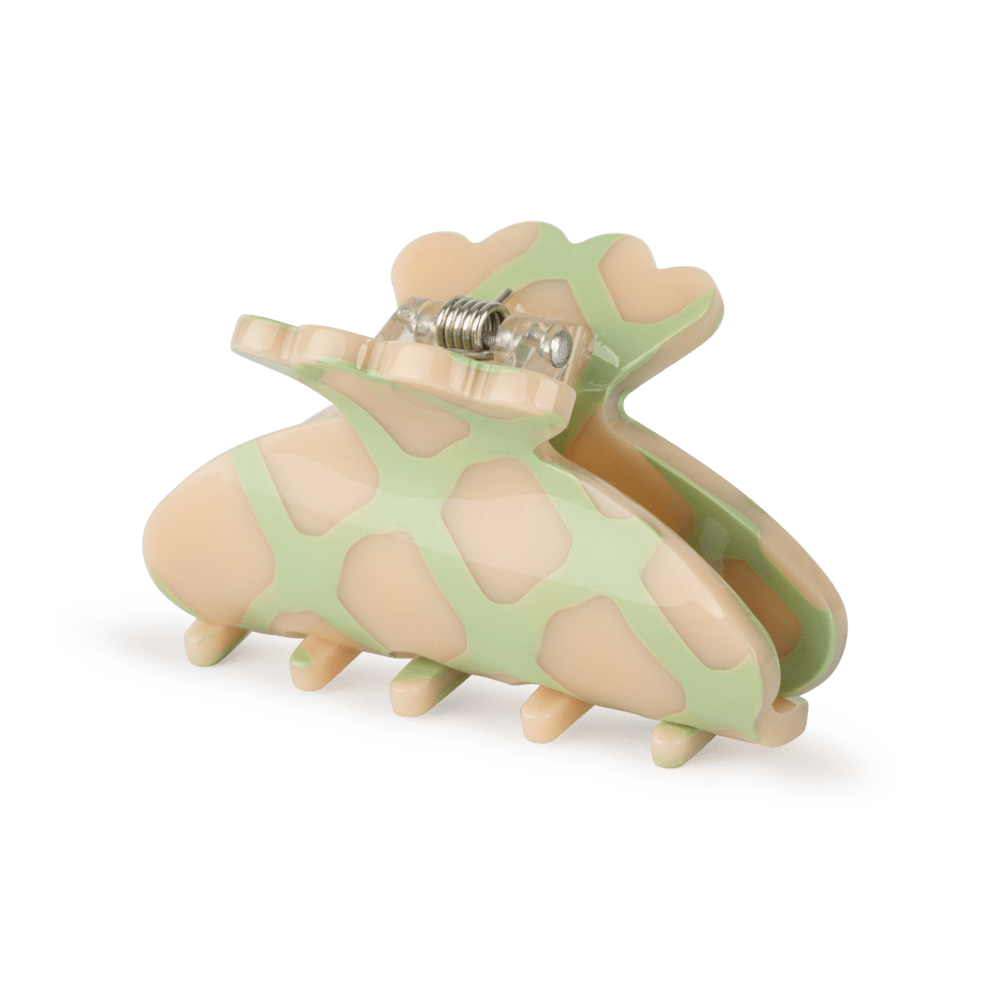 Helle Chocolate Mini hårklemme med beige og lysegrønt grafisk mønster.