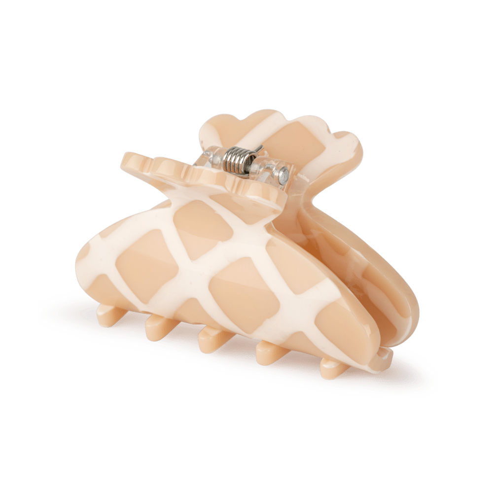 Helle Chocolate Mini hårklemme i beige og hvidt mønster.