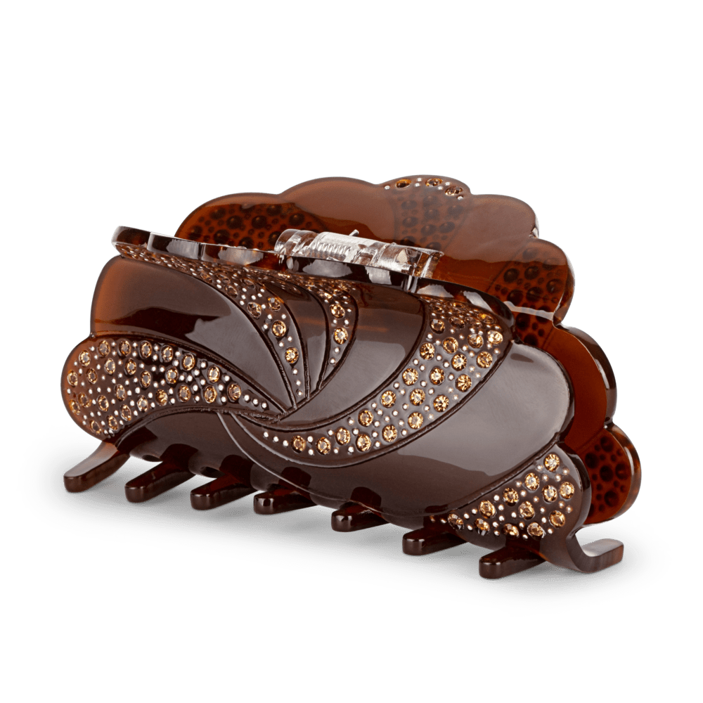 Stor brun hårklemme Maybritt Release Big med dekorative rhinsten fra SUI AVA