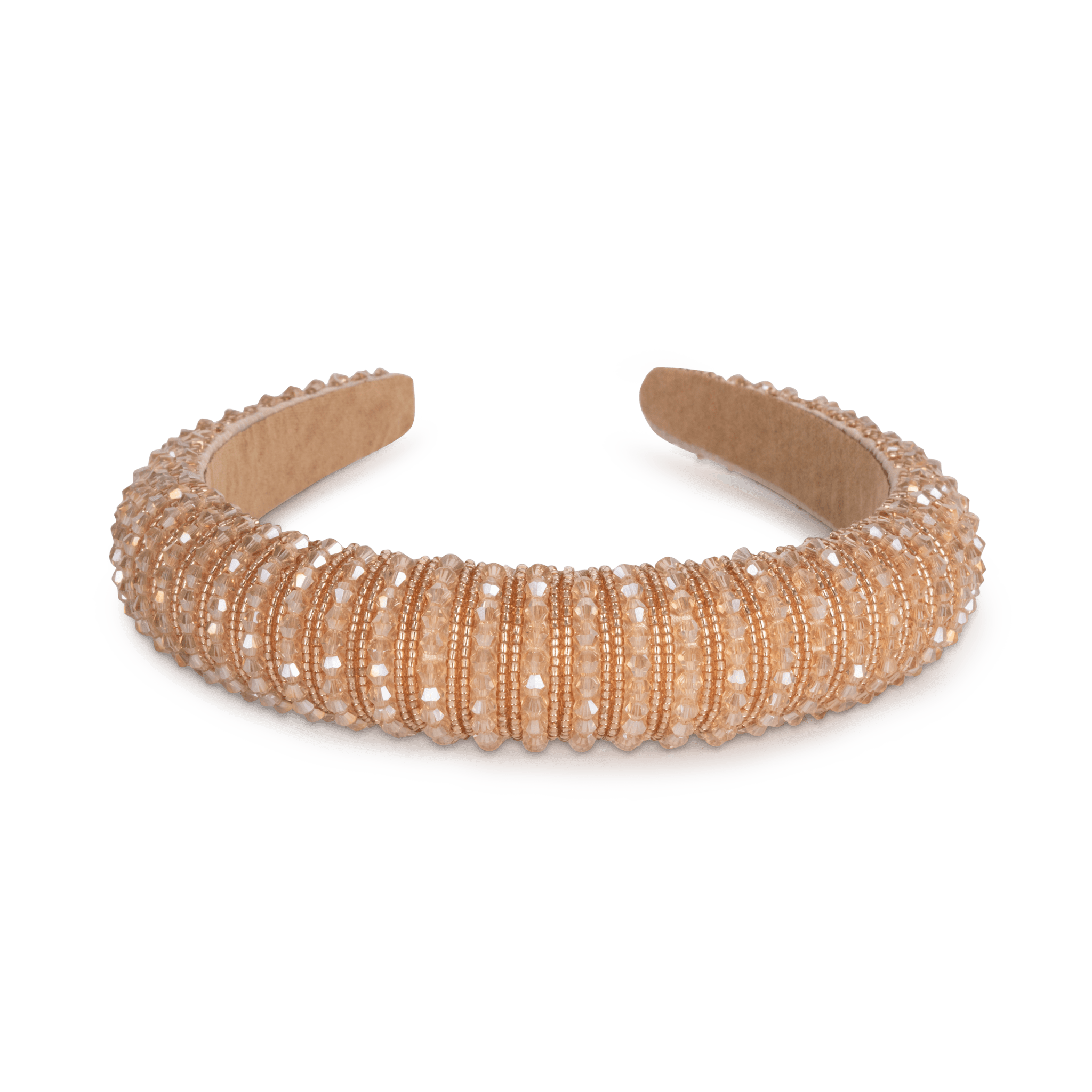 Peachfarvet Silvermoon hårbøjle med glitrende perler og krystaller i et elegant og bredt design.