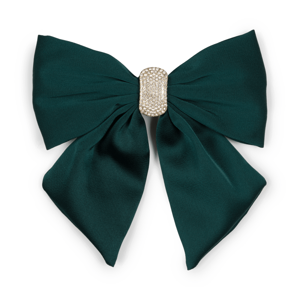 Elegant hårspænde med en stor mørkegrøn sløjfe dekoreret med skinnende krystalsten. En smuk og glamourøs accessory til både hverdag og fest.