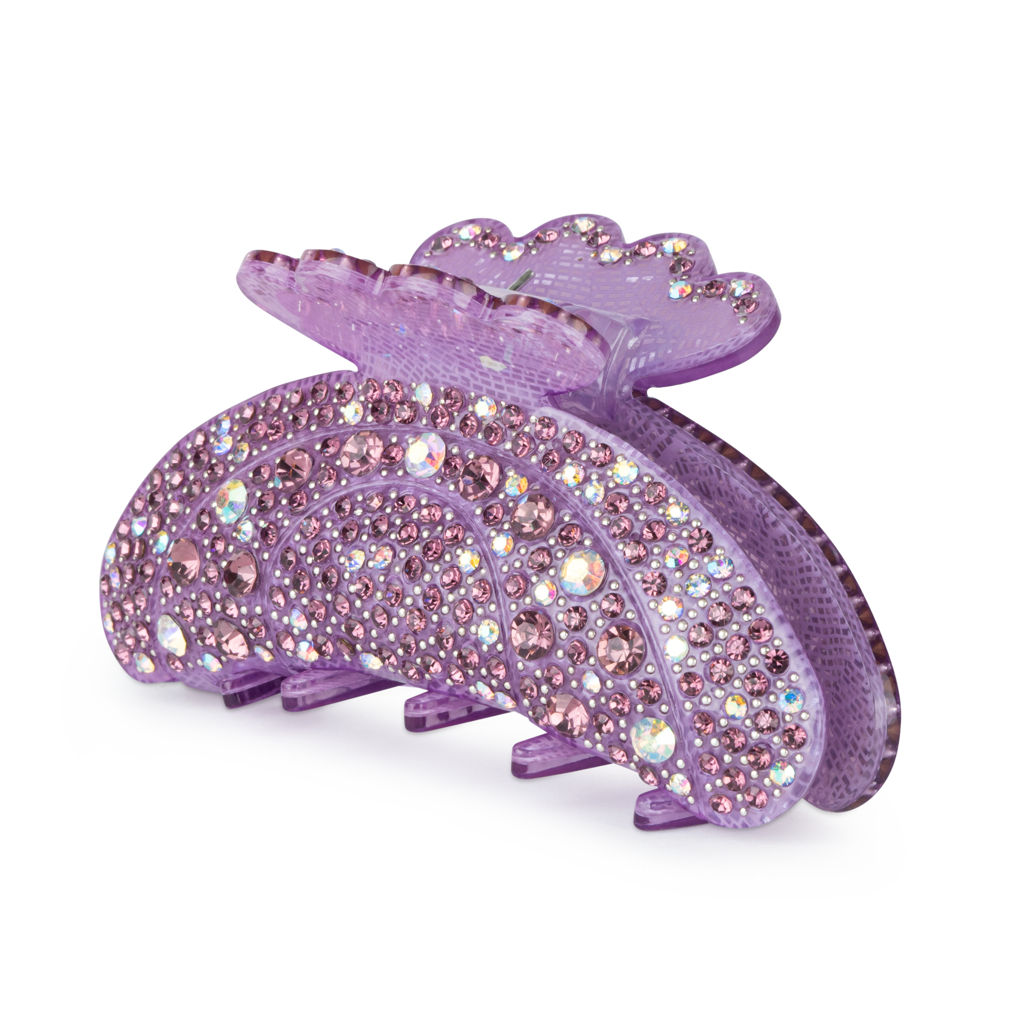 Helen Reflects Middle hårklemme i lilla akryl med lyserøde og iriserende rhinsten.