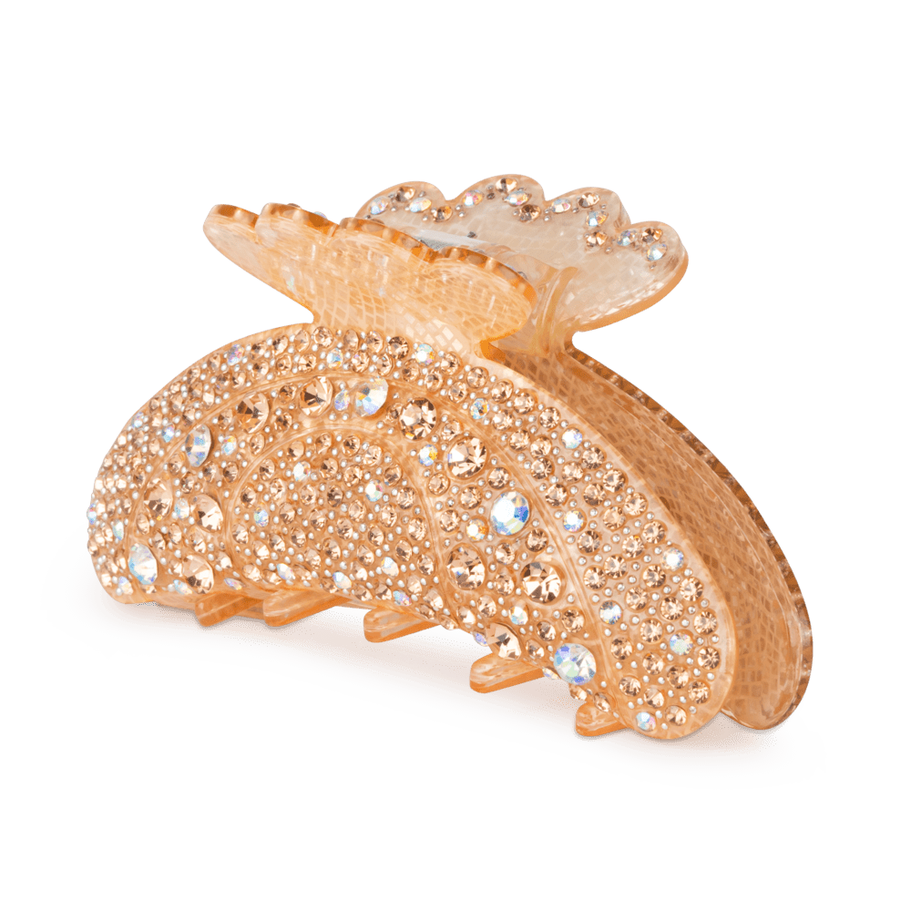 Helen Reflects Middle hårklemme i ravfarvet akryl med glitrende rhinsten, set forfra på neutral baggrund.