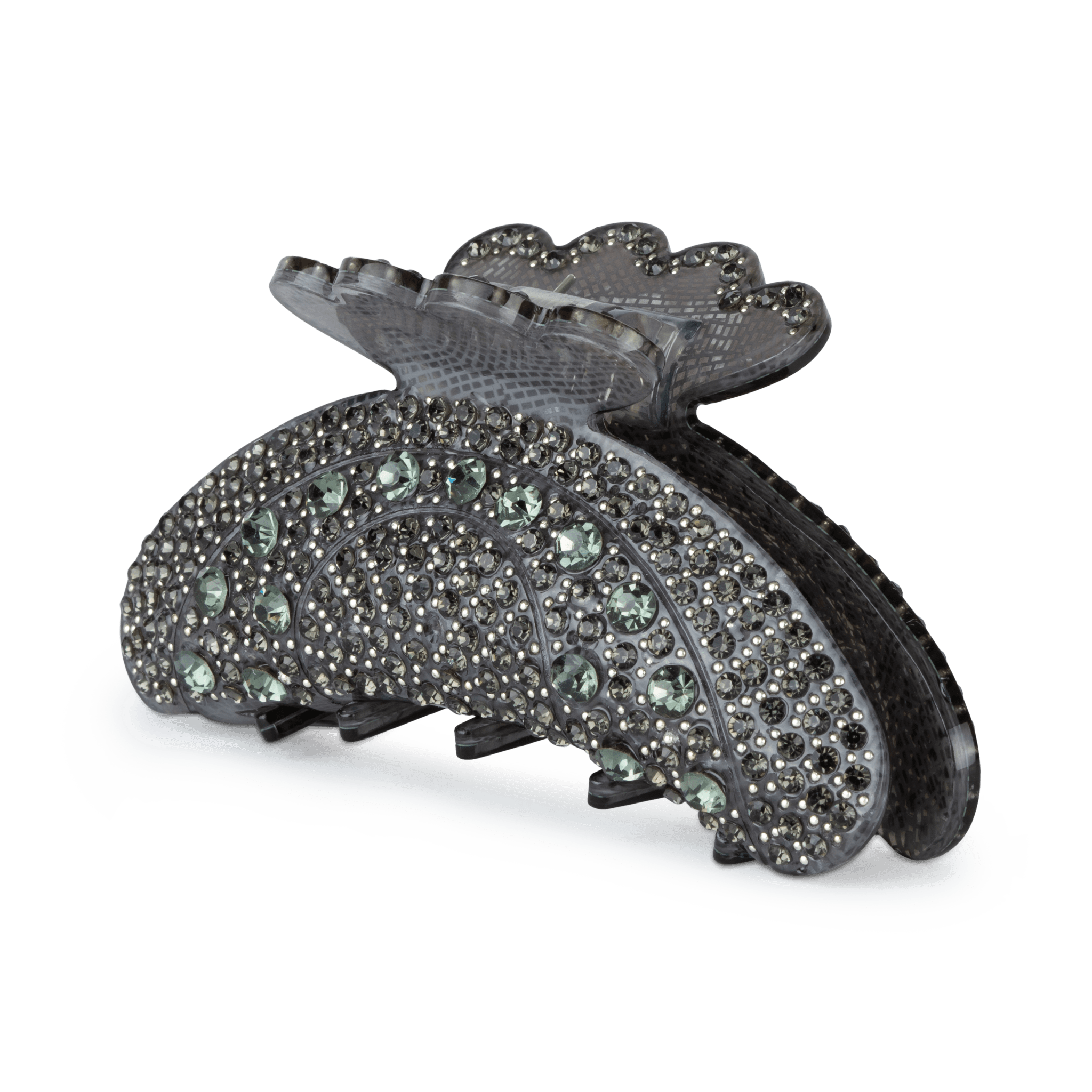 Helen Reflects Middle hårklemme i sort akryl med grønne rhinsten og glitter.